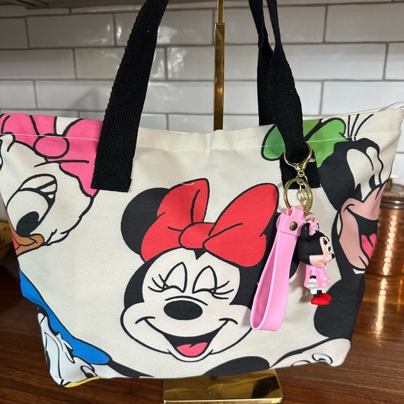 Disney character Minnie Mouse Daffy Duck etc Graphic Tote with bag charm - Picture 1 of 5